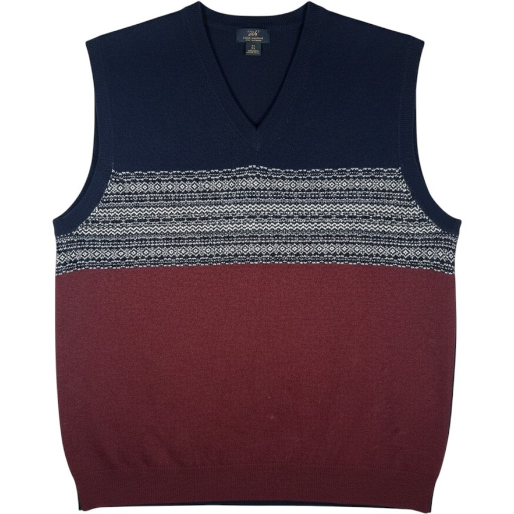 Brooks Brothers 346 Sweater Vest Mens XL Navy Burgundy Fair Isle Lambswool VNeck